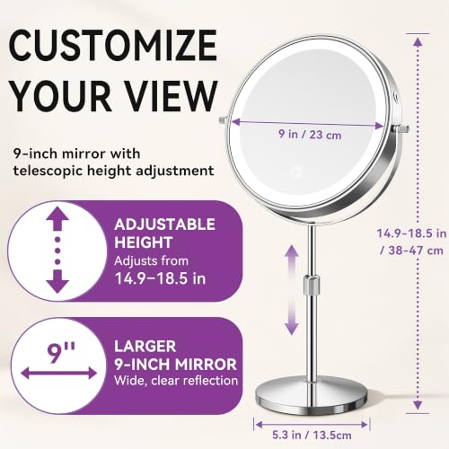 Auxmir Lighted Makeup Mirror 9-inch Chrome Tabletop with 1X/30X Magnification & Adjustable Height