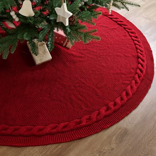 LimBridge Large Cable Knit Christmas Tree Skirt - Rustic Burgundy 60 Inch