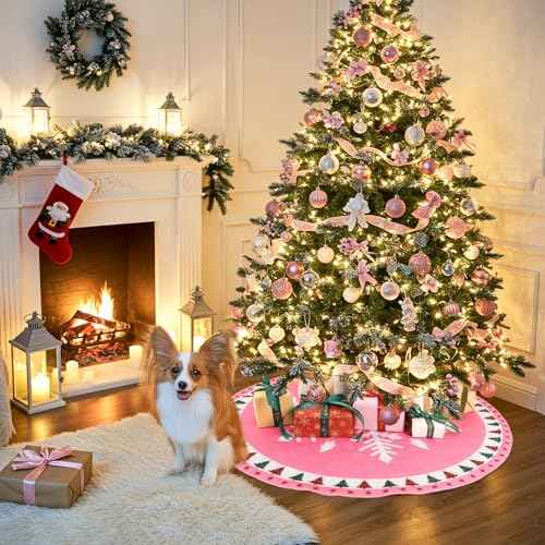 MACTING Christmas Tree Skirt, 30 Inch Round Pink Polyester Christmas Tree Skirts with Big Snowflake and Christmas Tree Printed for Holiday Party Rustic Xmas Tree Decoration
