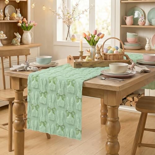 Artoid Mode Sage Green Faux Fur Jacquard Bunny Bow Table Runner 13x72 Inch for Easter & Spring Decor
