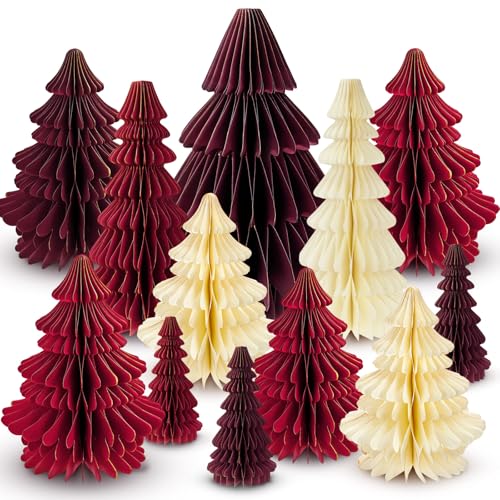 Gueevin 12 Pcs Red Christmas Honeycomb Paper Tree Centerpiece with Magnetic Closure 5.9–13.78 in