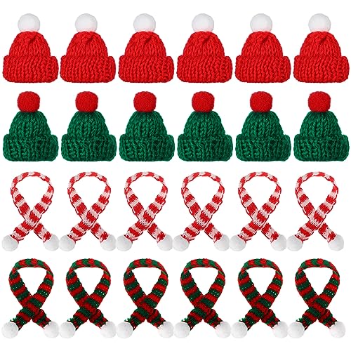 24 Pcs Mini Knit Hat Mini Christmas Scarf Set Tiny Santa Hats for Crafts Small Christmas Tree Ornaments Decorations for DIY Craft Art Snowman Doll (Red)