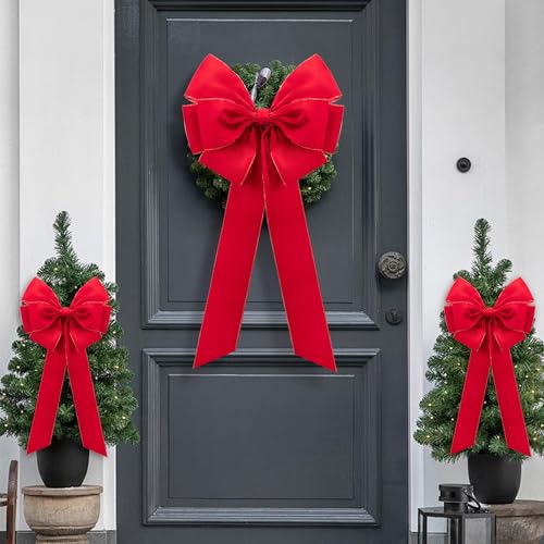2 Pcs Large Christmas Bows 35.4 x 17.1 in Red Velvet with Gold Edges - Iceyyyy