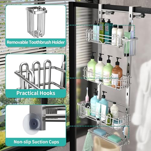 4-Tier Hanging Shower Caddy Organizer with 22 Hooks & Toothbrush Holders - Silver