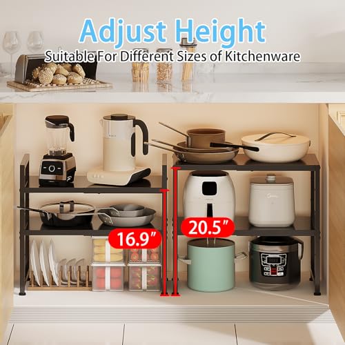 2-Tier Expandable Metal Shelving Unit - Black, 11.02"D x 23.62"W x 20.87"H, Adjustable Kitchen & Garage Organizer