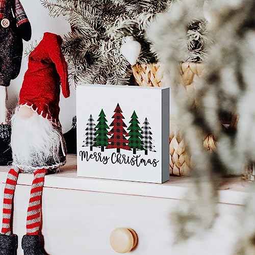 Funny Christmas Trees Wooden Box Sign Plaque Merry Christmas Wood Box Sign Rustic Art Home Shelf Desk Decor christmas tree decorations 5 x 5 x 1 Inches