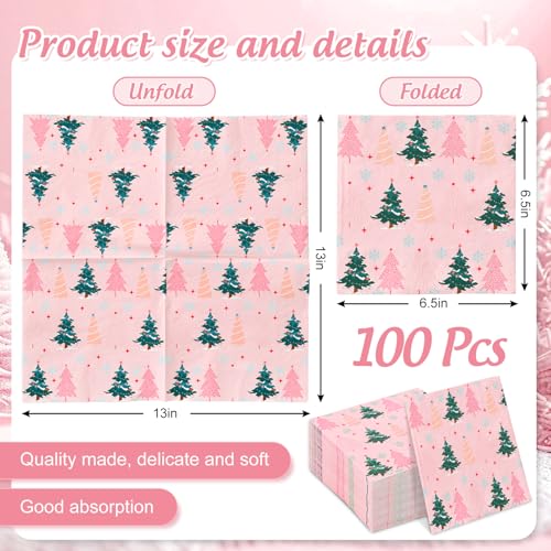 Christmas Paper Napkins Pink Green Xmas Tree Disposable Party Hand Towels 100 Pack