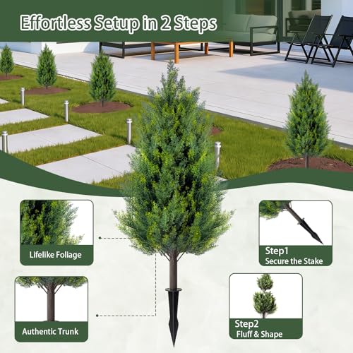 3FT Artificial Cedar Topiary Trees with Ground Spike - Realistic Faux Plants for Indoor Outdoor Porch Garden Set of 2 - Evergreen UV Resistant