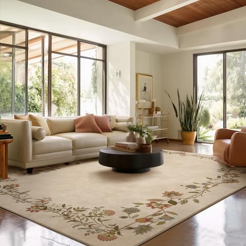 8x10 Edge Floral Cream Brown Washable Area Rug Non Slip Living Room Carpet
