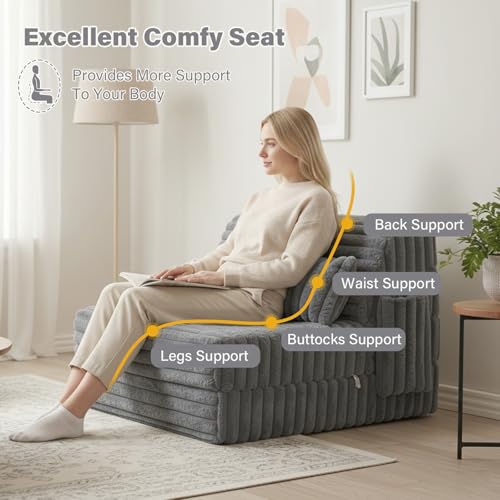 Tiita Corduroy Grey Folding Sofa Bed - Single Size Convertible Lounge Chair Mattress with Pillow & Side Pocket