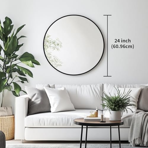 Oruii 24 Inch Black Round Mirror with Matte Black Metal Frame - Wall Mountable