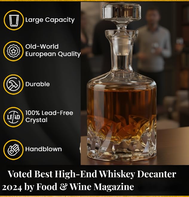 Beveled Blade Whiskey Decanter - Hand-Blown 34 Fl Oz Lead-Free Crystal with Conical Stopper