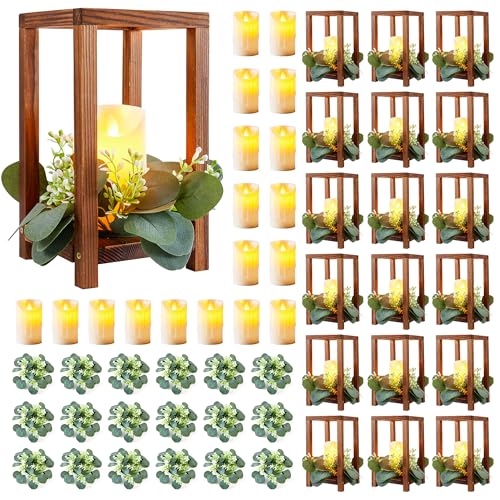 Dark Brown 18-Piece Wooden Wedding Lantern Centerpiece Set with Flameless LED Candles & Eucalyptus Wreaths - Rustic Farmhouse Decor