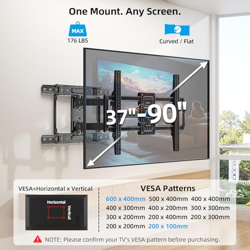 Full-Motion TV Wall Mount for 37-90 Inch TVs - Fits 24 Inch Studs, Extendable Swivel Bracket with Heavy-Duty Steel