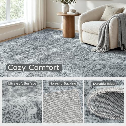 8x10 Black Grey Washable Area Rug - Soft Abstract Living Room Carpet - Non-Slip