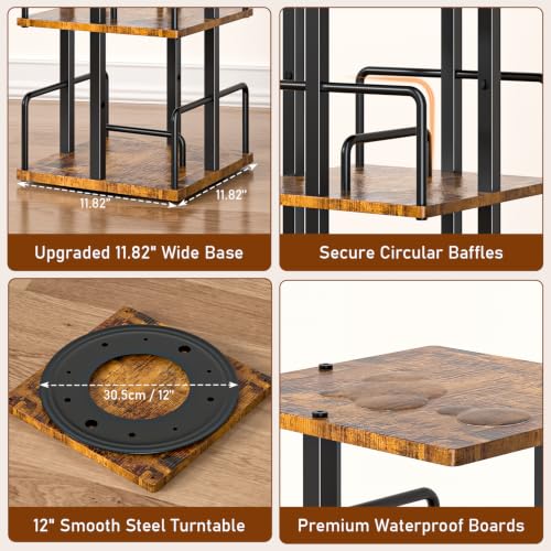 5-Tier Rotating Bookcase - Rustic Brown Corner Spinning Shelving Unit with Metal Guardrails