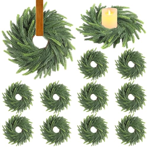 Aneco Brown 12-Pack Christmas Candle Ring Wreaths 6 inch Artificial Norfolk Green Pine Decorative Garland for Xmas Wedding Home Decor