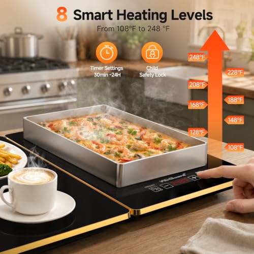 WeGuard 4-in-1 Electric Warming Tray for Buffet Parties, Large 35x15 Inch Food Warmer with Adjustable Temperature & Timer
