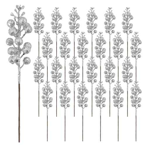 24 Pack 9 Inches Glitter Artificial Berry Stems, 15 Berries per Stem, Christmas Tree Picks Ornaments, DIY Xmas Wreath, Floral Arrangements Home D?cor, Winter Wonderland Decoration (24, Silver, 9 Inch)