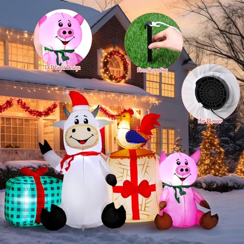 Capoda 6 ft Christmas Inflatable Farm Cow Scene with Pig & Chicken – Outdoor LED Yard Decor