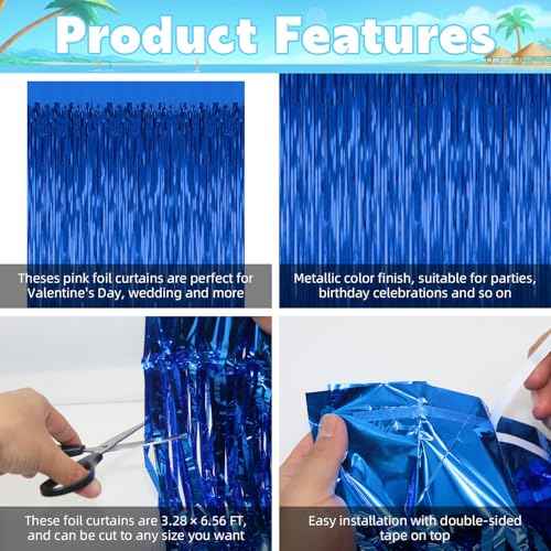 3 Pack Blue Backdrop Curtain Tinsel Streamers Ocean Themed Decor Birthday Party Decorations Foil Fringe Backdrop Graduation Baby Shower Bachelorette Winter Party Decorations Supplies
