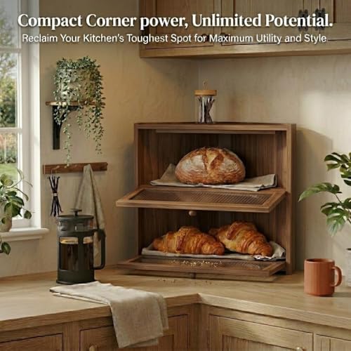 Brown Corner Bamboo Bread Box with 2 Tiers for Kitchen Countertop Storage - Space-Saving Organizer