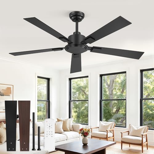 52 Inch Ceiling Fan Black No Light - High 3713 CFM, Reversible Quiet Motor, Remote Control, Adjustable Downrod
