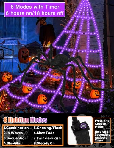 Purple Outdoor Spider Web Lights 16.4FT with Spider, 550 LEDs, Waterproof, 8 Modes for Halloween Decoration