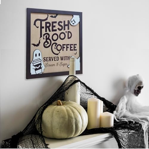 Halloween Decorations Wooden Hanging Sign, Fresh Boo'd Coffee Ghost Door Hanger Sign For Outdoor Home Farmhouse Wall Window Yard,Party Supplies Halloween Christmas.(007)