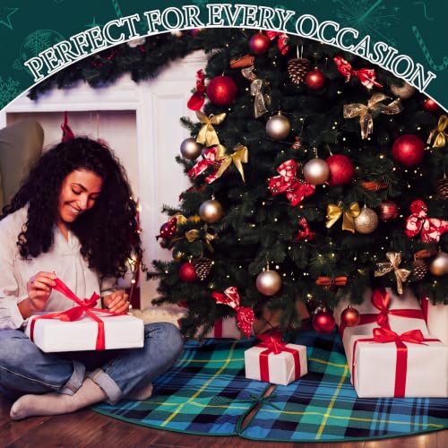 Poen 48 Inch Blue Green Tartan Plaid Christmas Tree Skirt - Festive Holiday Decor