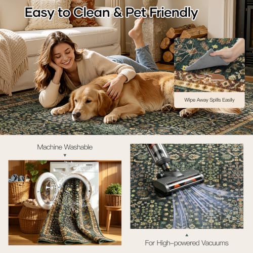 Dark Green 9x12 Washable Area Rug for Living Room Non-Slip Boho Carpet