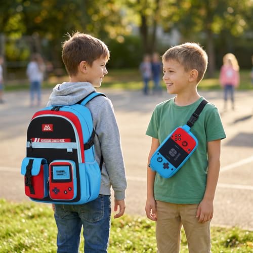 TILYTADLY 4-Piece School Backpack Set for Boys - Red-Blue Video Game Bookbag with Lunch Box & Detachable Waist Bag for Ages 6-18
