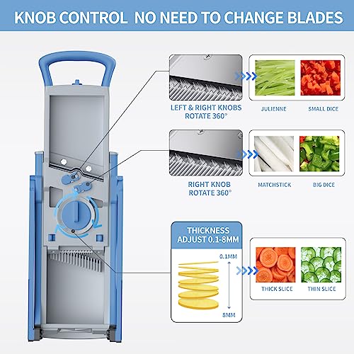 Blue Adjustable Mandoline Slicer for Kitchen - Safe Food & Vegetable Cutter