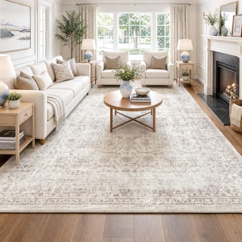 FMFUNCTEX 8x10 Beige Vintage Area Rug - Washable, Non-Slip, Pet-Friendly Living Room Carpet