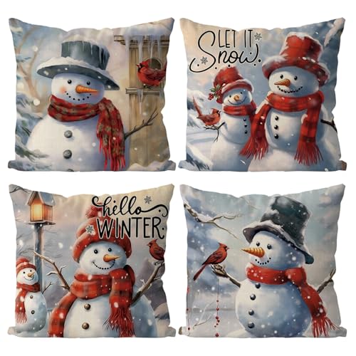 Christmas Pillow Covers 18x18 Inch Set of 4 Snowman Case Vintage Xmas