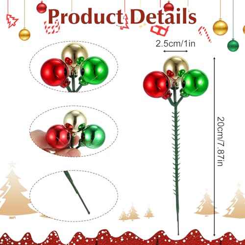 7.9 Inch Christmas Tree Picks - 12 Set Christmas Ball Ornaments Red, Green, Gold Xmas Balls Ornaments Decorations for Xmas Tree Vase Fillers Wreath Crafts Garland Holiday Home Decor