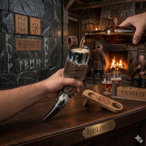 NORSE EMPIRE 12oz Genuine Ox-Horn Viking Drinking Horn with Stand & Leather Holster - Beer, Mead & Whiskey Tankard Gift
