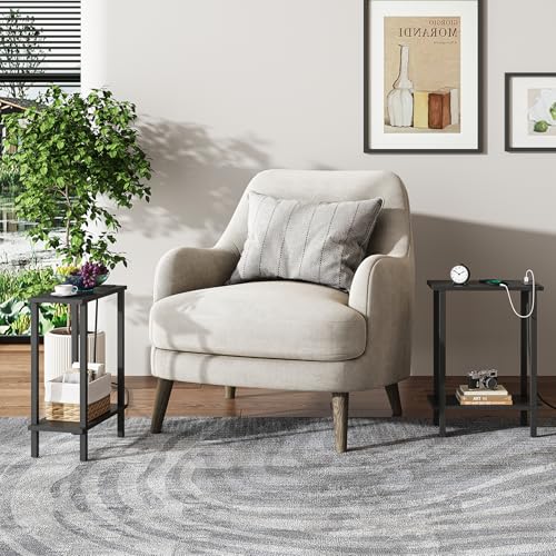 TUTOTAK 2-Tier Black Narrow Side Table Set of 2 with Charging Station