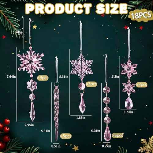 18pcs Crystal Christmas Ornaments for Christmas Tree Decorations-Pink Hanging Acrylic Snowflake and Icicle Ornaments with Drop Pendants for New Year Party Decorations Supplies