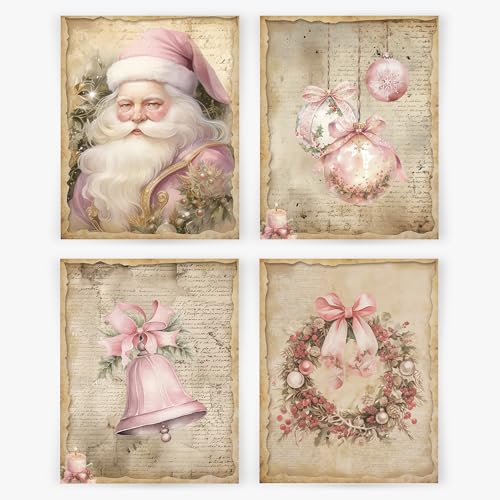 YQDEJ Vintage Christmas Santa Bow Bell Wreath Wall Art Prints Set of 4, Pink Christmas Wall Decor for Living Room, 8x10 Inches Unframed