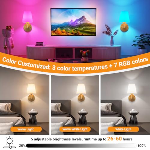 Brass 13-Inch Battery Operated Wall Sconce Set of 2 - Peel & Stick, Rechargeable RGB Dimmable Lights