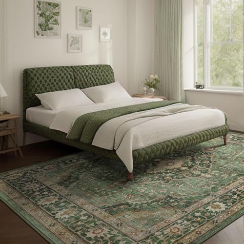 Deerly Green Border 8x10 Area Rug for Living Room & Bedroom Washable Boho Carpet