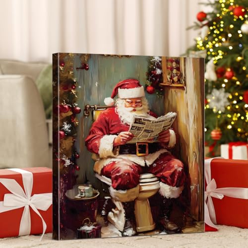 XIPLUM Funny Christmas Bathroom Canvas Wall Art Framed Santa on Toilet 8x10 in - Holiday Humorous Poster