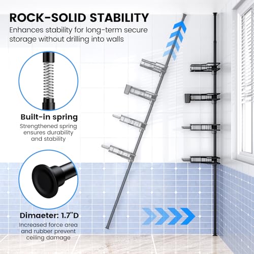 Aitatty Black Adjustable Shower Caddy Tension Pole Rustproof Corner Bathroom Shelf