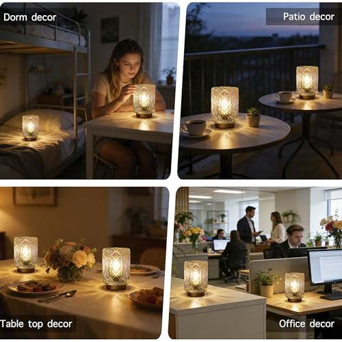 ULAROOM 2 Pack Cordless Battery Operated Table Lamps with Timer, Warm White Glass Shade for Bedroom & Decor (Grid-Clear)