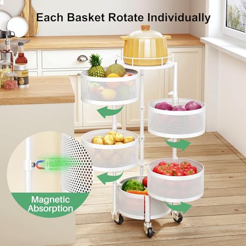 Rotating Fruit and Vegetable Basket Stand - 5 Tier Kitchen Storage, White
