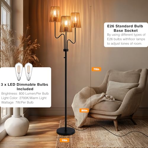 Black Farmhouse Boho Dimmable Floor Lamp with Rattan Shade - 68" Tall, 3-Light, E26 LED Bulb Included