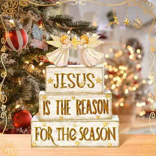Britimes 4 Pcs Christmas Tiered Tray Decorations Set Jesus Angel Stack Block Signs Faith Christian Religious Holiday Decor for Table & Home Office (Jesus Reason)
