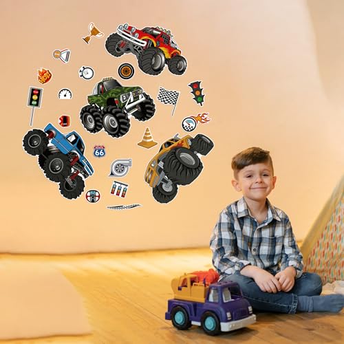 Glow in The Dark Racing Car Wall Stickers, Truck Kids Bedrooms Wall Decals, Racing Theme Big Foot Truck Ceiling Decor, Nursery Classroom Playroom Home Decor Gifts