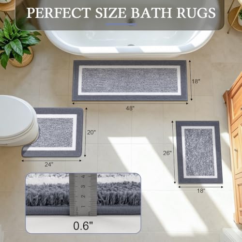 Pauwer 3-Piece Non-Slip Microfiber Bathroom Rugs Set Dark Grey 18x26, 18x48 & U 20x24